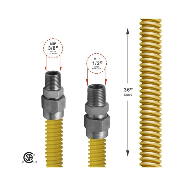 Gas Line Hose 1/2'' O.D.x36'' Len 1/2x3/8 MIP Fittings Yellow Coated Stainless Steel Flexible